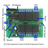 6 Canaux 9V 12V 24V 10A Sortie Relais Kit Interrupteur Télécommande Sans Fil (Modèle: 0020036)