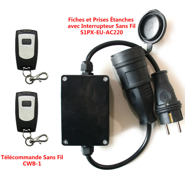prise électrique européenne télécommandée sans fil avec interrupteur radio, émetteur, fiches et prises étanches.