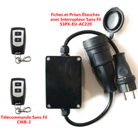 prise électrique européenne télécommandée sans fil avec interrupteur radio, émetteur, fiches et prises étanches.